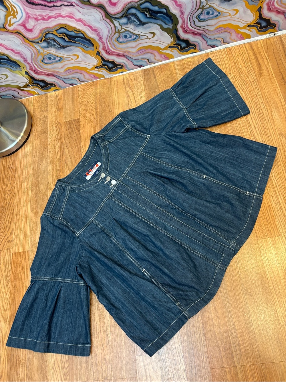 Vintage Mwah Jeans- blue denim three quarter sleeve swing jacket. Size 18/20W